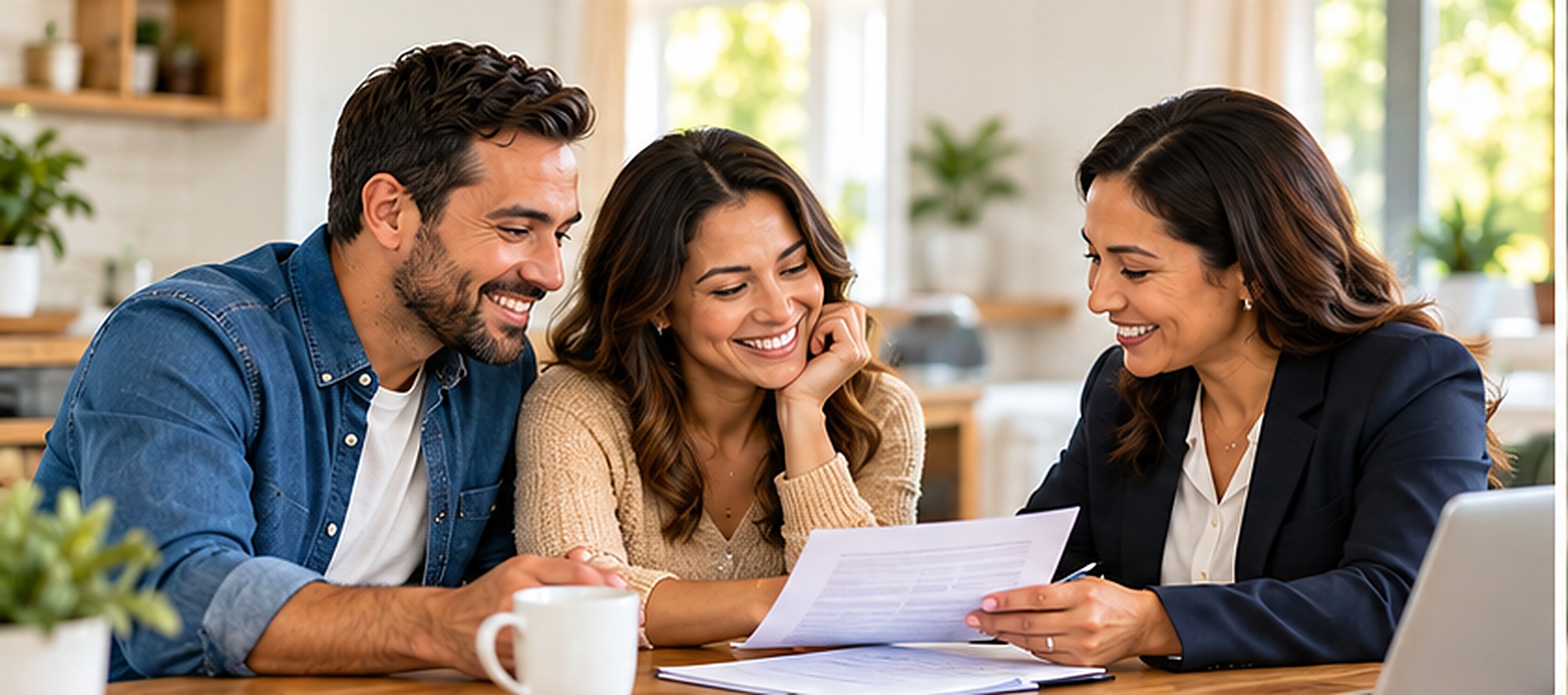 A couple sitting at their kitchen table with an advisor, going through paperwork together.
